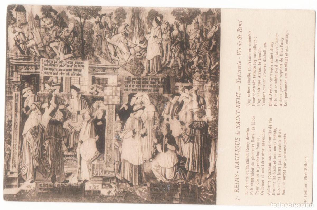 Cartes Postales: Postal principios del XX -T&aacute;piz-Reims-Bas&iacute;lica de Sant-Remi-Vida de San Remi-