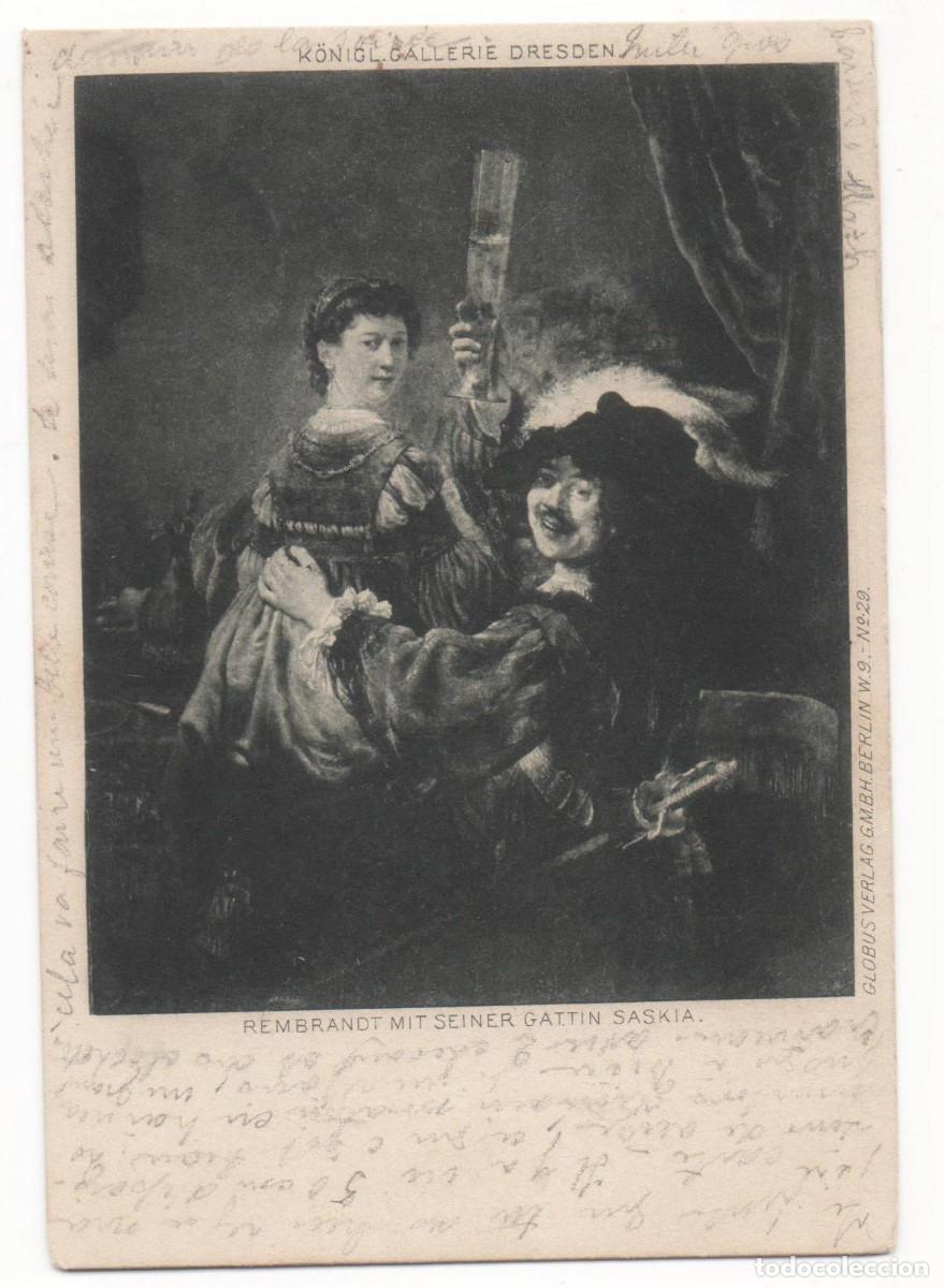 Postais: Postal principios del XX -Rembrant con su esposa Saskia-Galer&iacute;a Dresden---circulada-