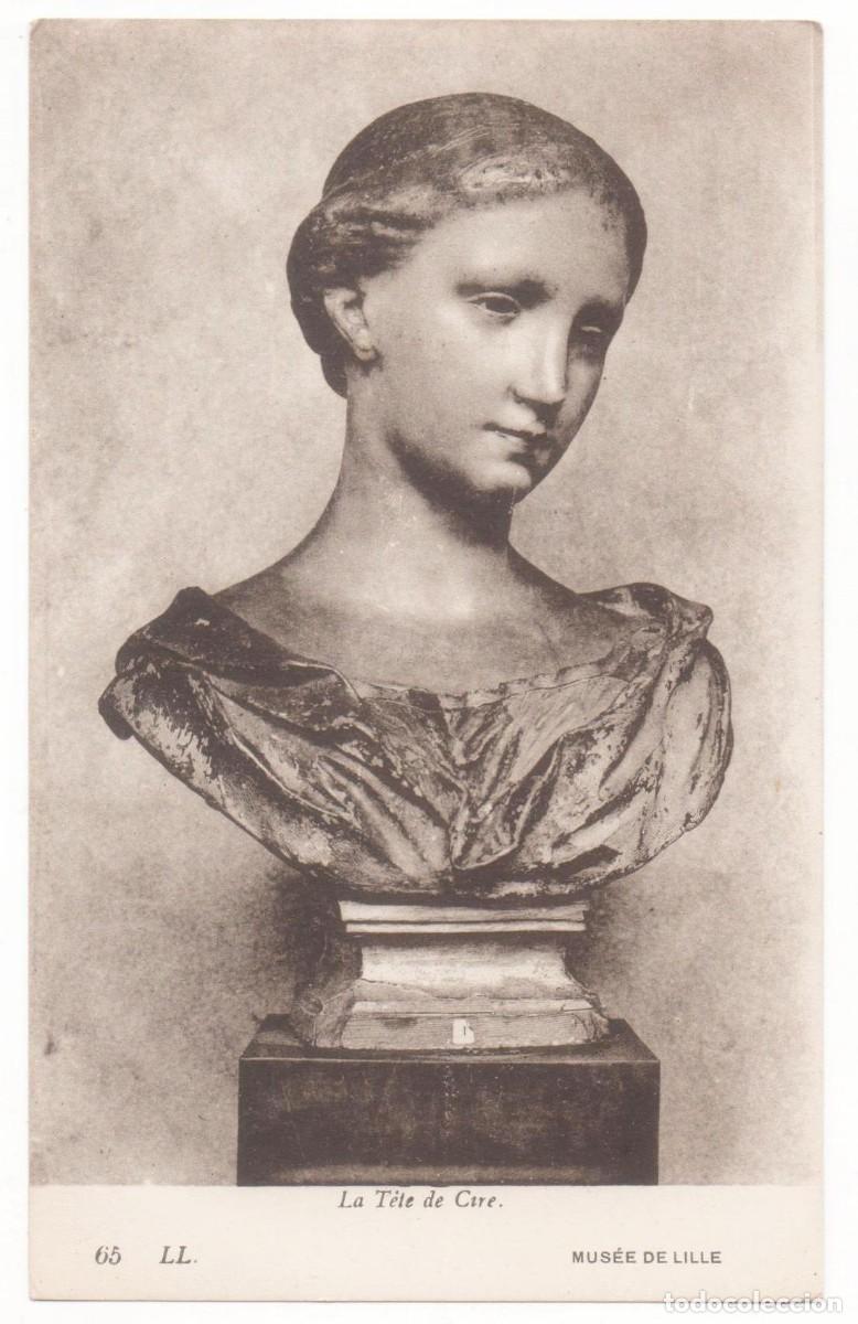 Postais: Postal principios del XX-Escultura- Museo De Lille-Cabeza de Cera-escrita-