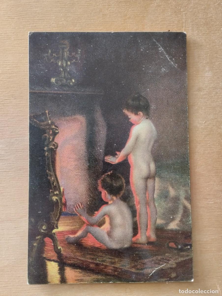 Postkarten: Postal de obra de arte Ni&ntilde;os junto al fuego de Paul Peel. Circulada 1918
