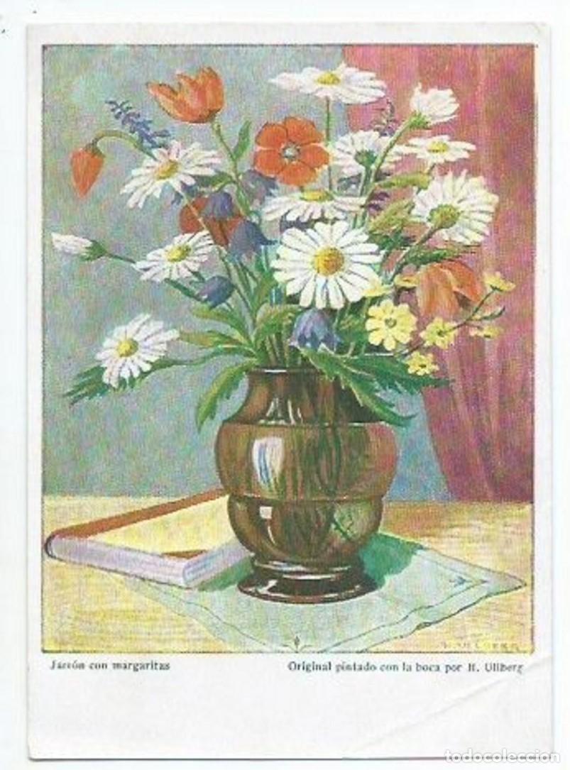 Postkarten: &rdquo; JARRON CON MARGARITAS &rdquo;.- ORIGINAL PINTADO CON LA BOCA
