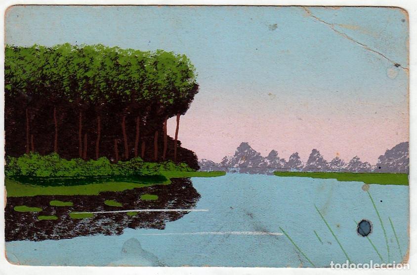Postais: Rara postal pintada a mano. Paisaje con lago. ic