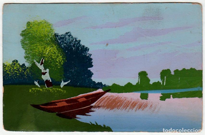 Postais: Rara postal pintada a mano. Paisaje lago con barcas. ic