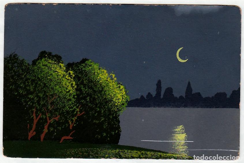 Postais: Rara postal pintada a mano. Paisaje nocturno con ciudad y lago. ic