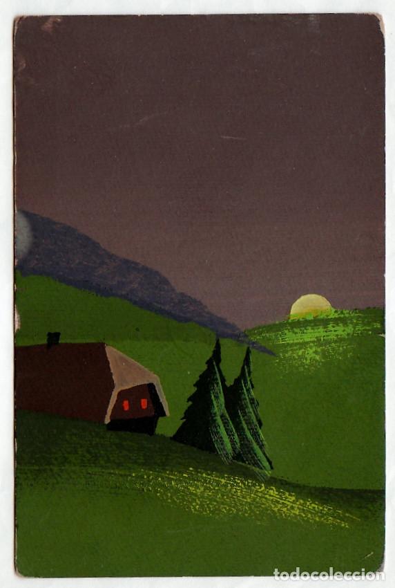 Postais: Rara postal pintada a mano. Paisaje nocturno con caba&ntilde;a. ic