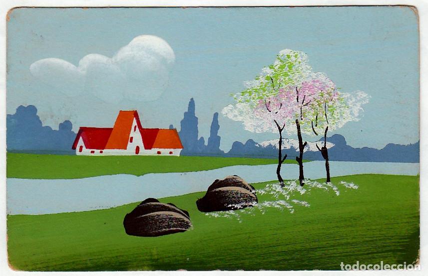 Postais: Rara postal pintada a mano. Paisaje con caba&ntilde;as. ic