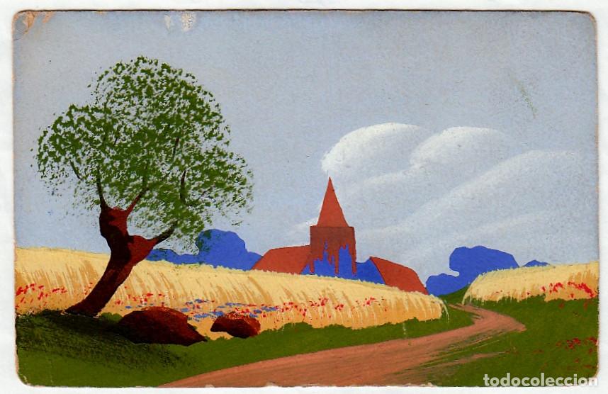Postais: Rara postal pintada a mano. Paisaje con iglesia y caba&ntilde;as. ic