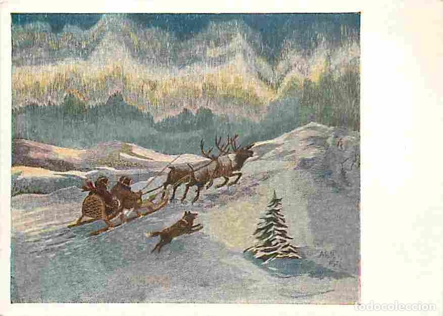 Postales: Art - Peinture - Carte Russe - Traineau tir&eacute; par des rennes dans la neige - Hiver - Chiens - CPM - V