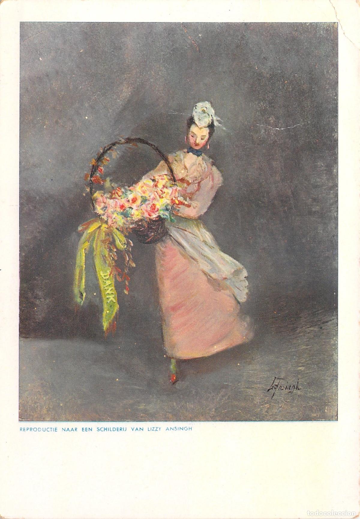 Postales: Tarjeta Postal Arte de Lizzy Ansingh Mujer con Canasta de Flores