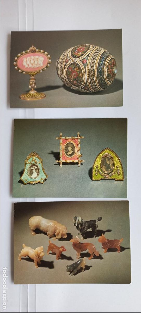 Postales: 3 Postales de Faberb&eacute;, The Royal Collection. Group of dogs, frames group, Mosaic Egg.