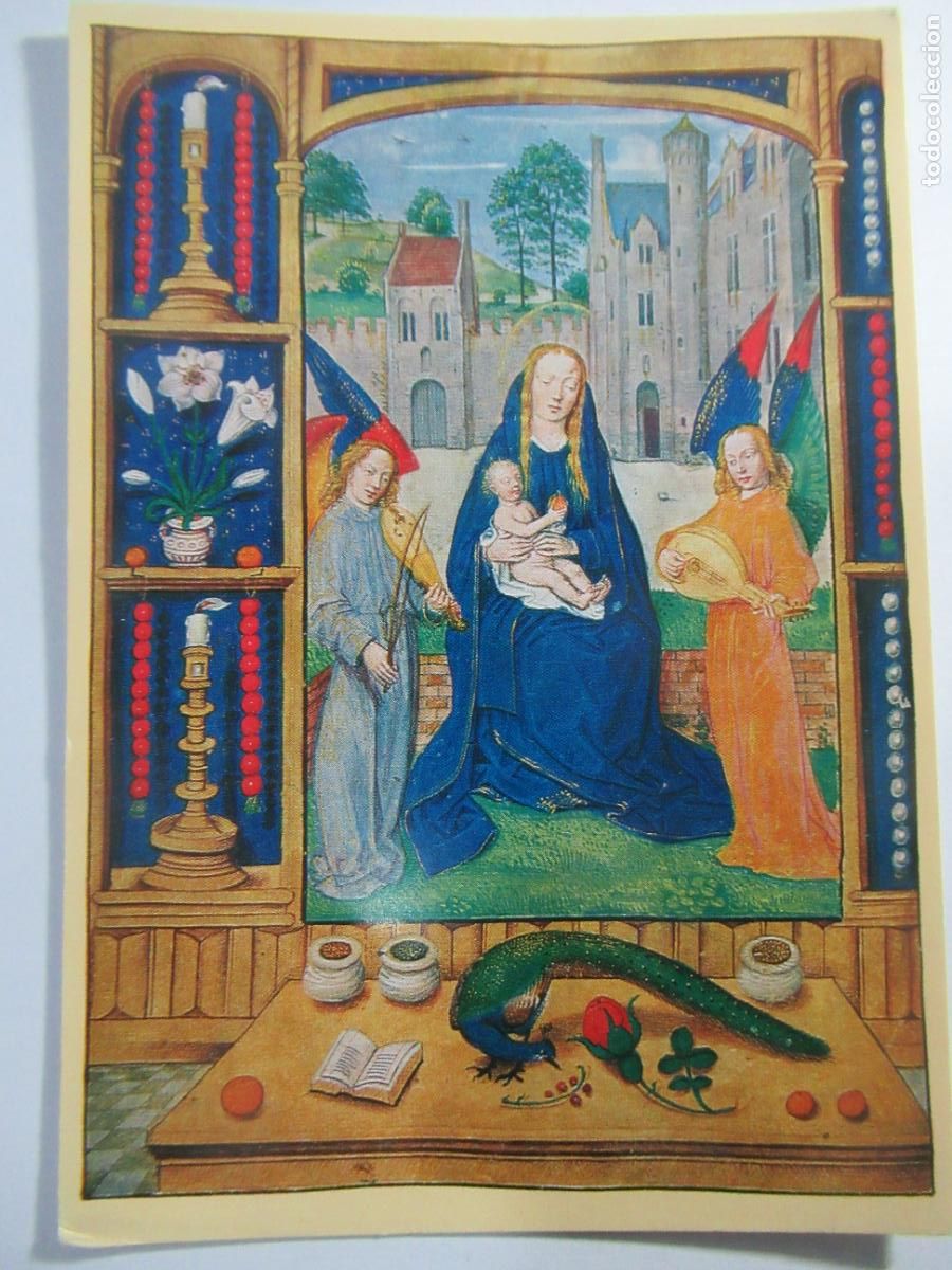 Postales: Livro de Horas da Familia Ayala - Miniatura Flandres - A Virgem e o menino entre dois anjos - S/C