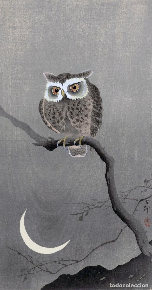 Postales: Postal de B&uacute;ho en una Rama, de Ohara Koson. Pintura, Arte Japon&eacute;s Shin-hanga Ukiyo-e Naturaleza Aves