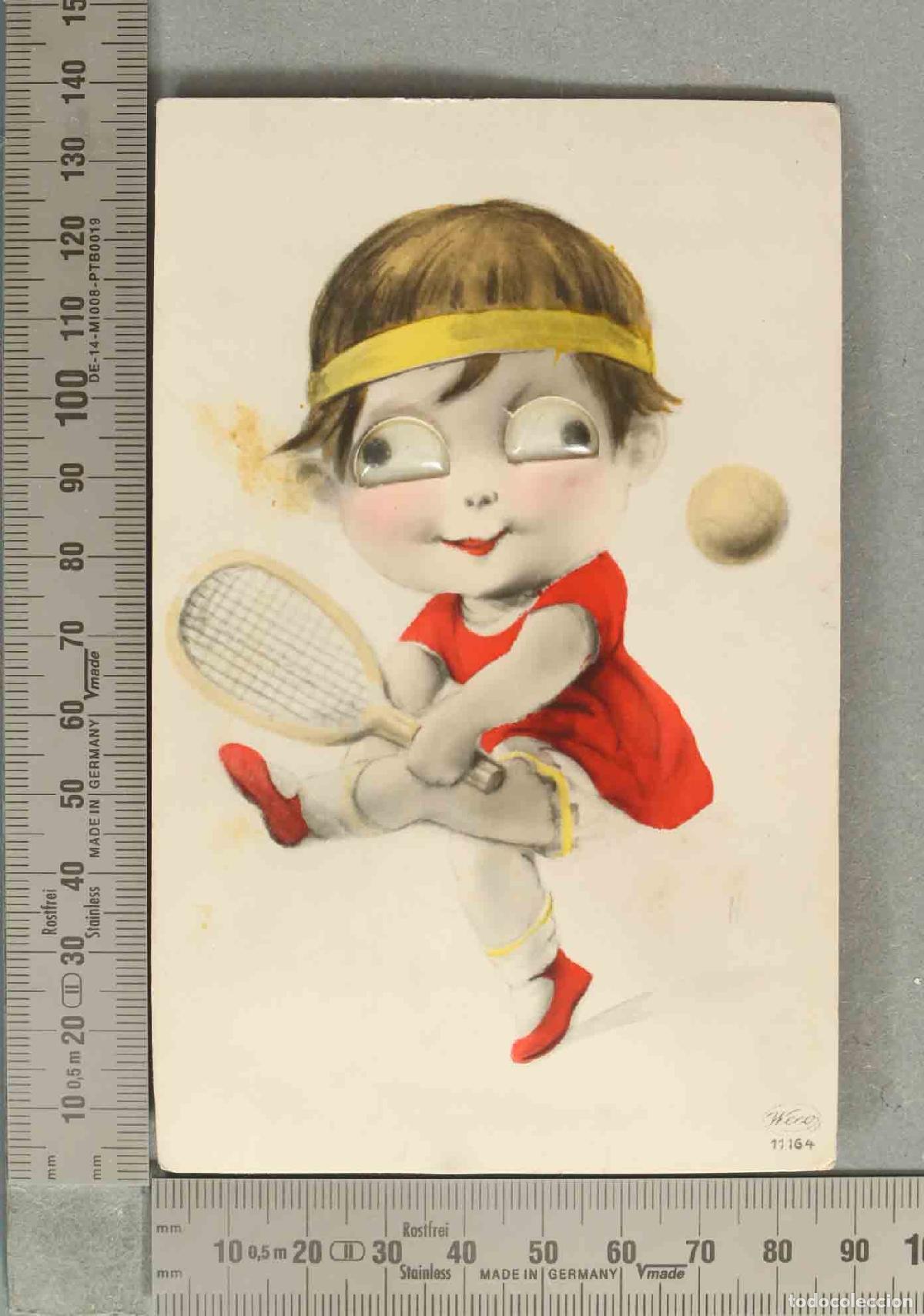 Postales: POSTAL. ILUSTRACION NI&Ntilde;A JUGANDO AL TENIS OJOS MOVILES