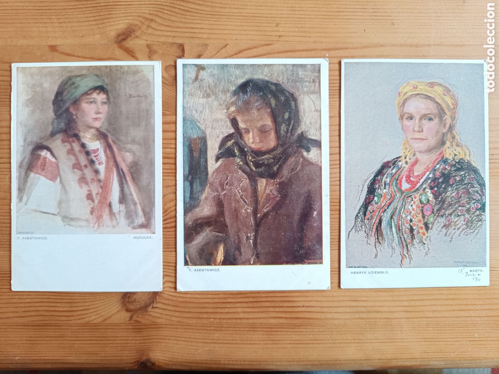 Postales: Tres postales polacas antiguas (1912) de los pintores T. Axentowicz y Henryk Uziemblo.
