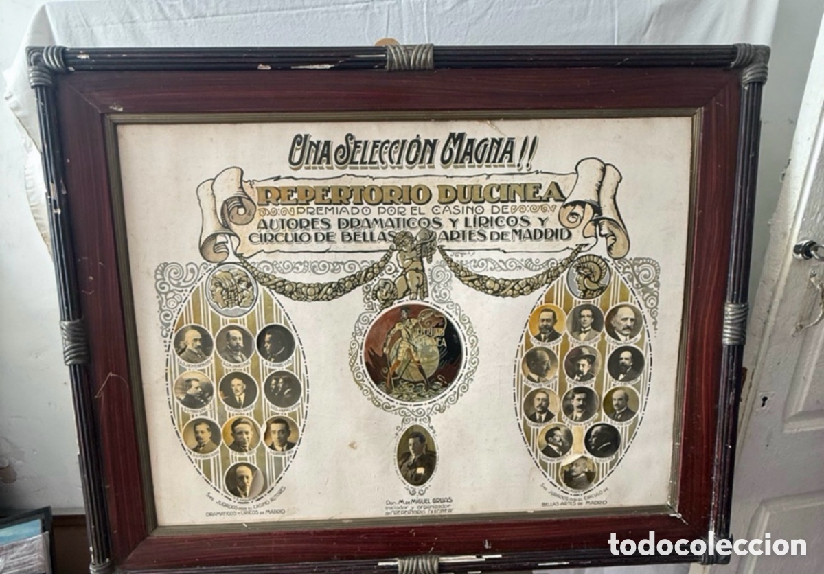 Postales: Cartel antiguo modernista Repertorio Dulcinea con fotograf&iacute;as originales siglo XIX enmarcado