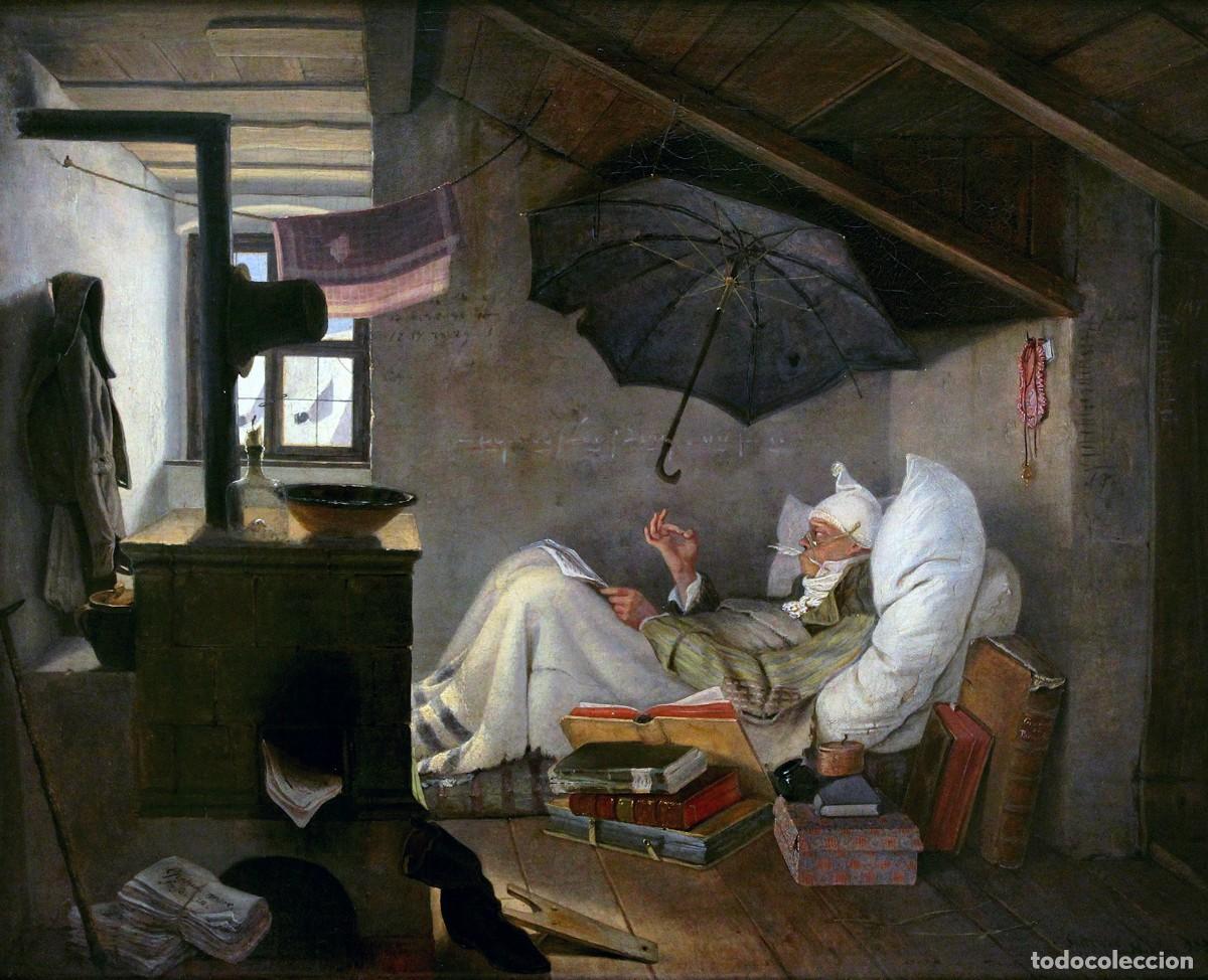 Postales: Postal del cuadro El Poeta Pobre, de Carl Spitzweg. Tema: Pintura, Arte, Poes&iacute;a.