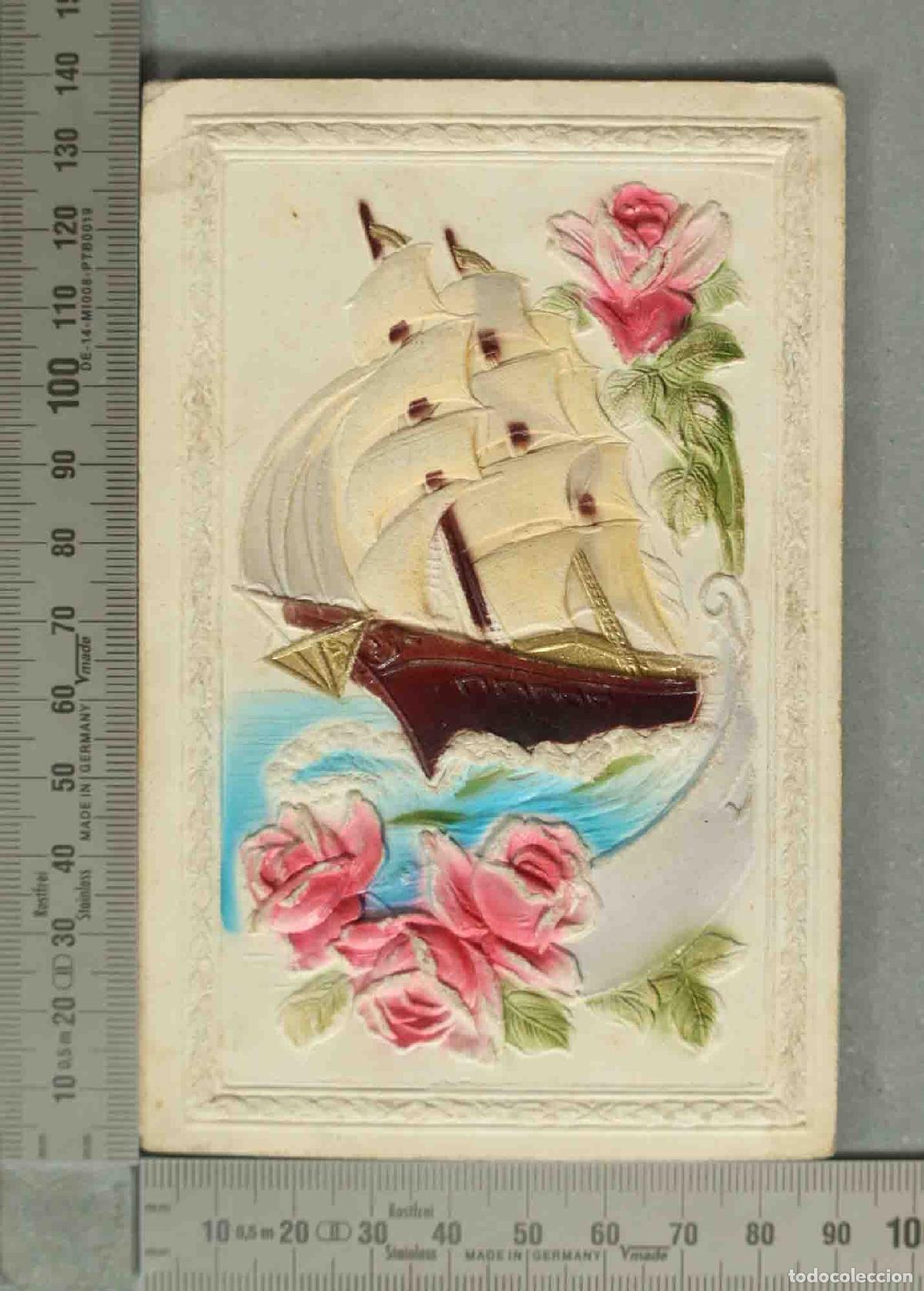 Postais: POSTAL. Ilustrada en relieve y nacarada - Barco con flores