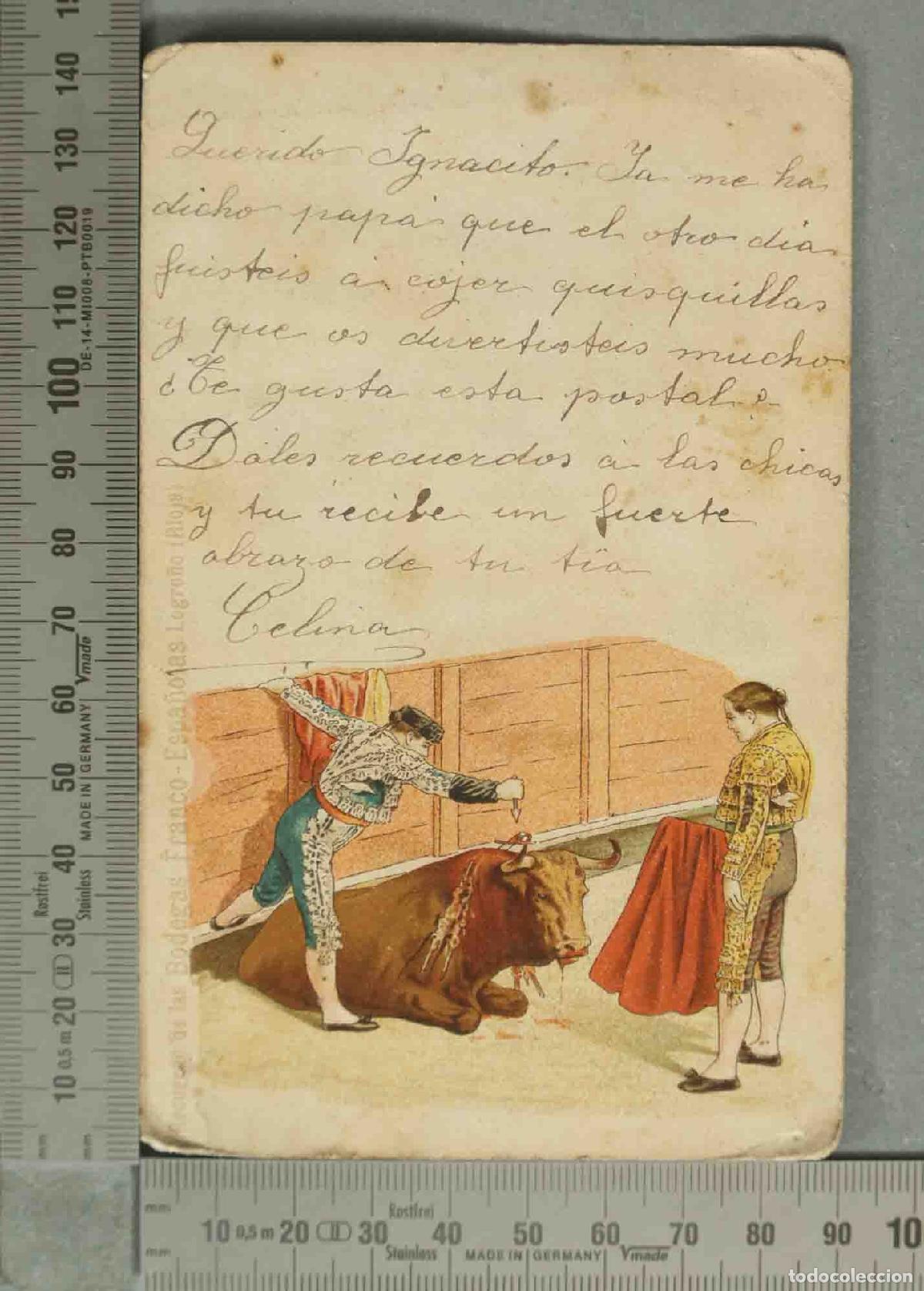 Postales: POSTAL. Corrida de toros - Banderillas - Bodegas Franco-Espa&ntilde;olas Logro&ntilde;o