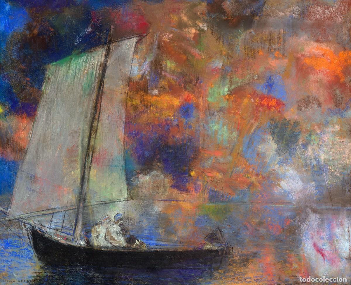Postales: Postal del cuadro Flower Clouds, de Odilon Redon. Pintura, Arte, Simbolismo, Nubes de Flores, Barco.