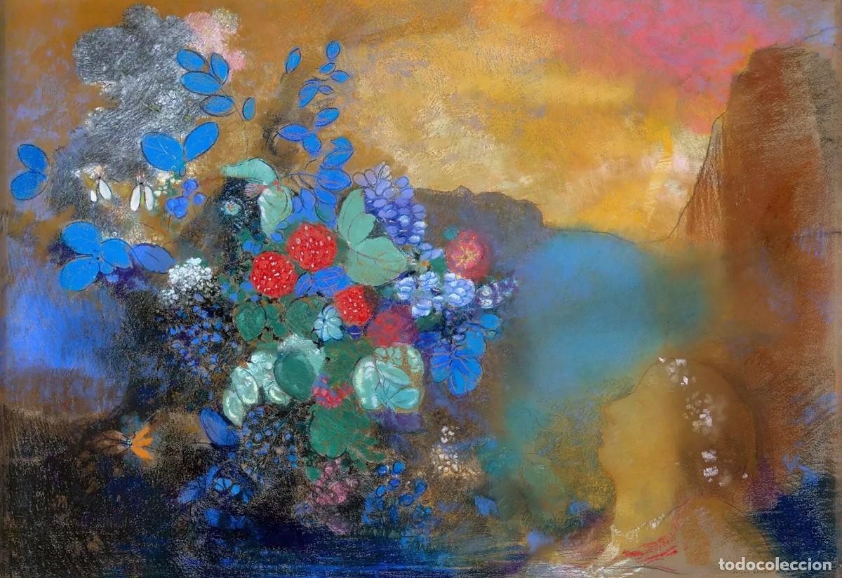 Postales: Postal del cuadro Oph&eacute;lie parmi les Fleurs, de Odilon Redon. Pintura, Arte, Simbolismo Ofelia Flores