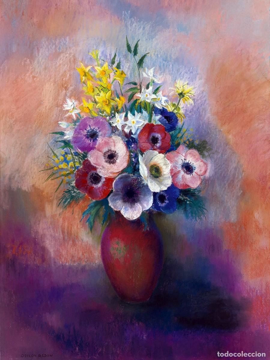 Postales: Postal del cuadro Vase d'An&eacute;mones, de Odilon Redon. Pintura, Arte, Simbolismo Jarr&oacute;n Flores An&eacute;monas