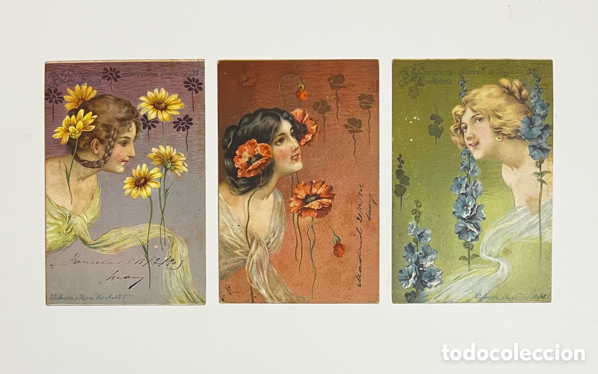 Postales: Complementaria colecci&oacute;n de tres postales de COLECCI&Oacute; RUYO - Art Nouveau