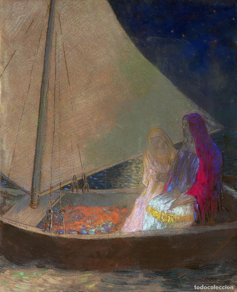 Postales: Postal del cuadro La Barque, de Odilon Redon. Tema: Pintura, Arte, Simbolismo, Barca, Mar, Noche.