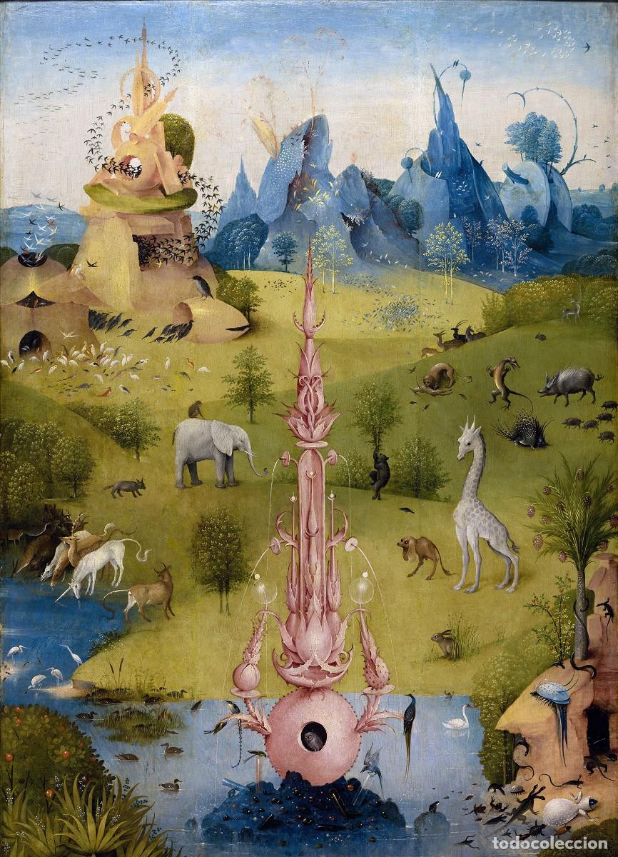 Postales: Postal de La Fuente del Para&iacute;so (detalle del cuadro El Jard&iacute;n de las Delicias) de El Bosco. Pintura