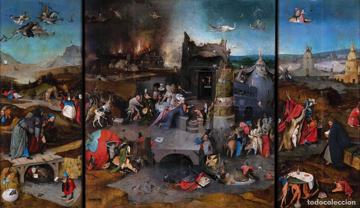 Postales: Postal del cuadro Las Tentaciones de San Antonio, de El Bosco, Jheronimus van Aken. Arte, Tr&iacute;ptico.