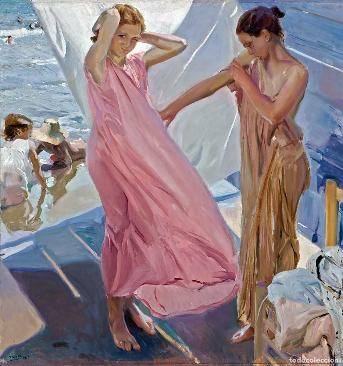 Postales: Postal del cuadro Despu&eacute;s del Ba&ntilde;o, Valencia, de Joaqu&iacute;n Sorolla. Tema: Pintura, Arte, Mar.