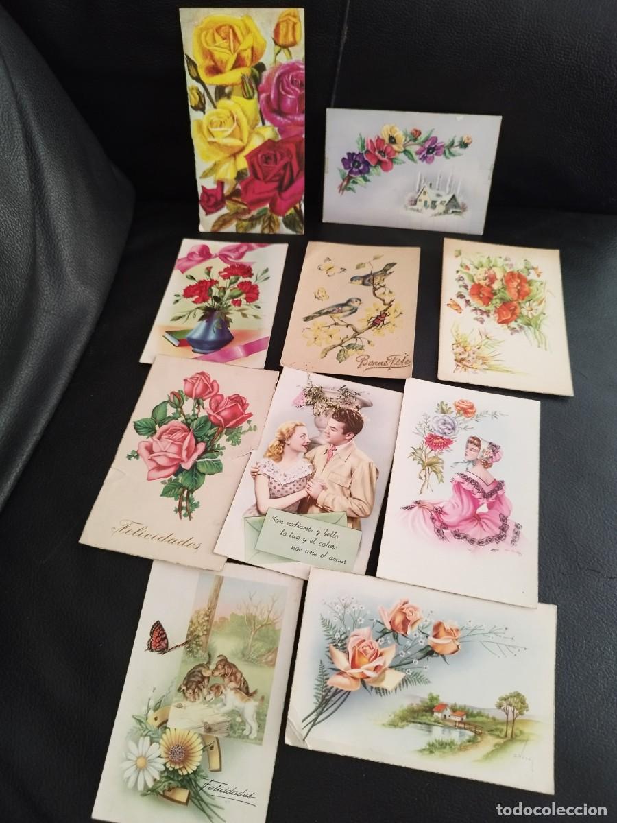 Postales: 10 Tarjetas postales de flores, ramos de flores. Enamorados, p&aacute;jaros, mariposas, perros cachorros.