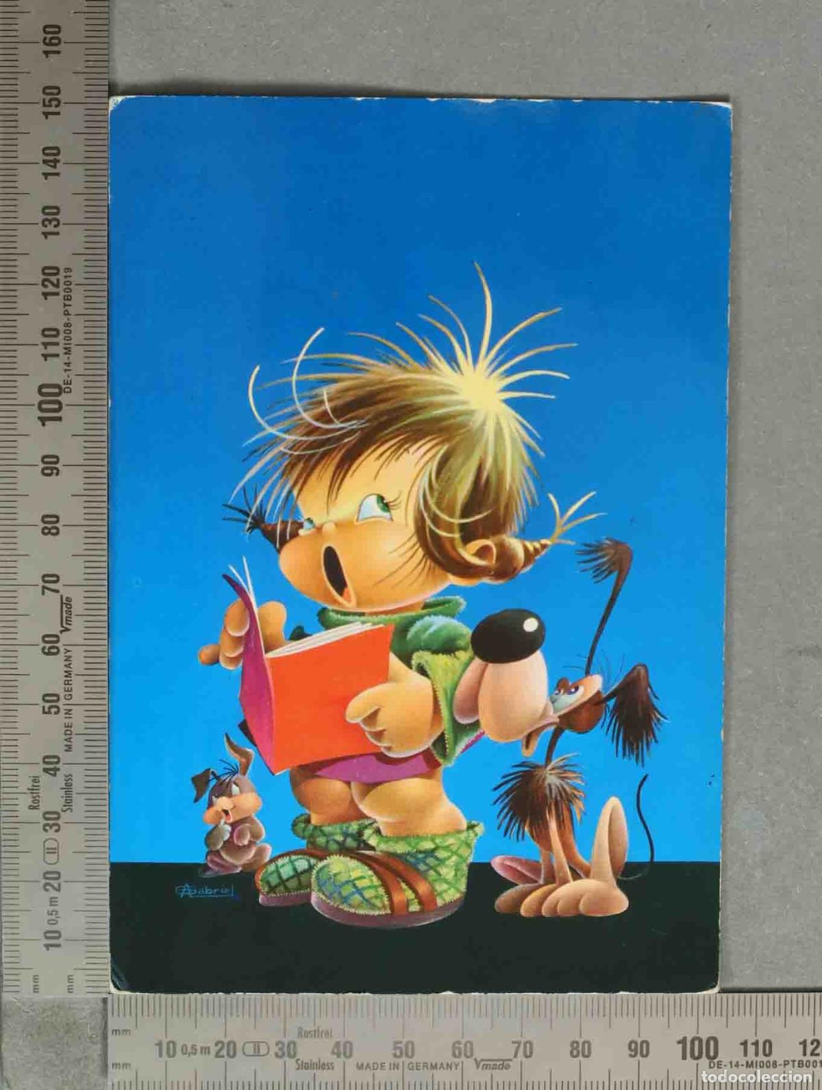 Postales: POSTAL. Ni&ntilde;o cantando con libro naranja y perros - Gabriel - Ediciones C. y Z.