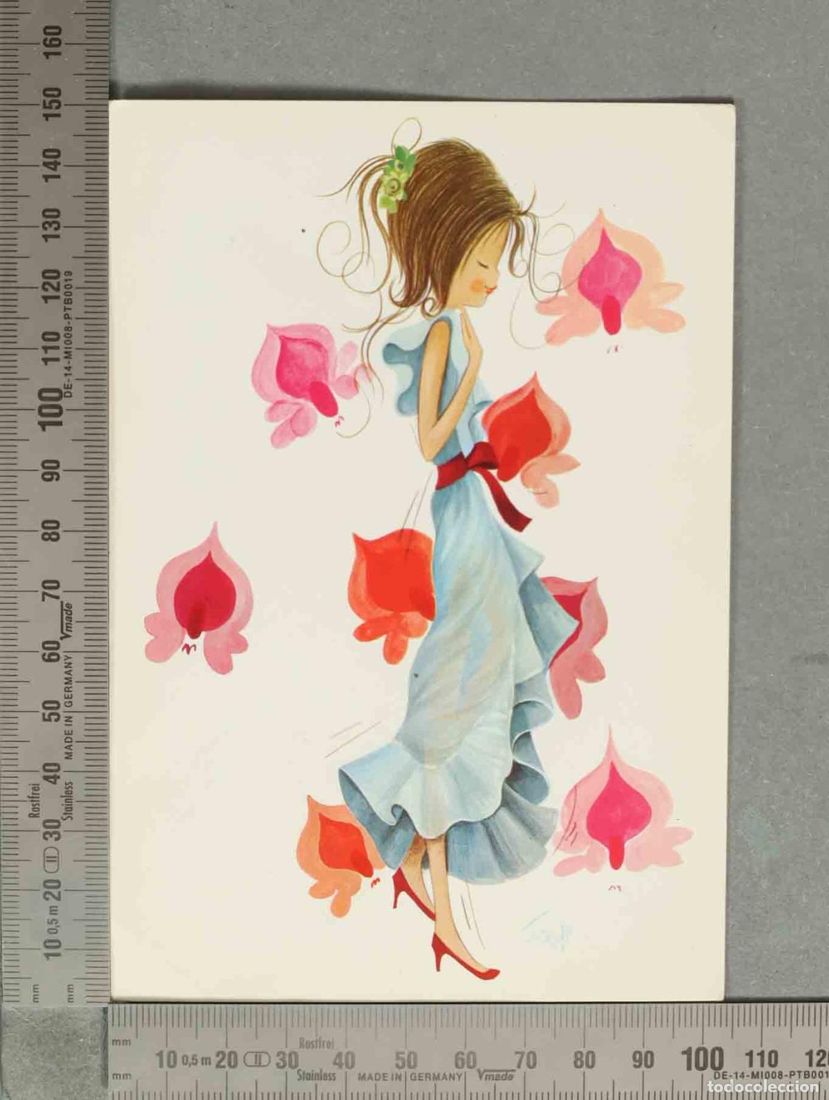 Postales: POSTAL. Chica con vestido azul y flores - Soer