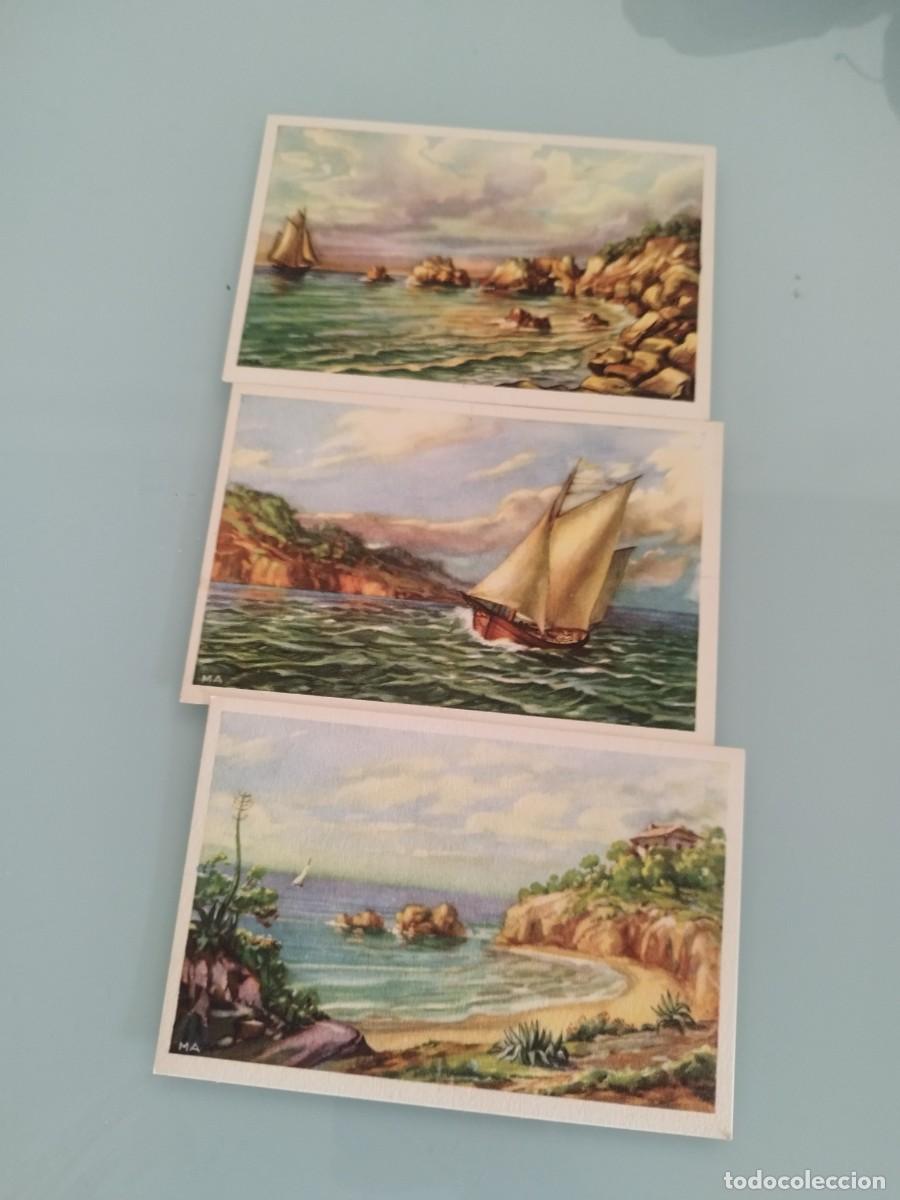 Postales: 3 tarjetas postales reproducci&oacute;n cuadro. Escenas costeras mediterr&aacute;neas con veleros y acantilados.