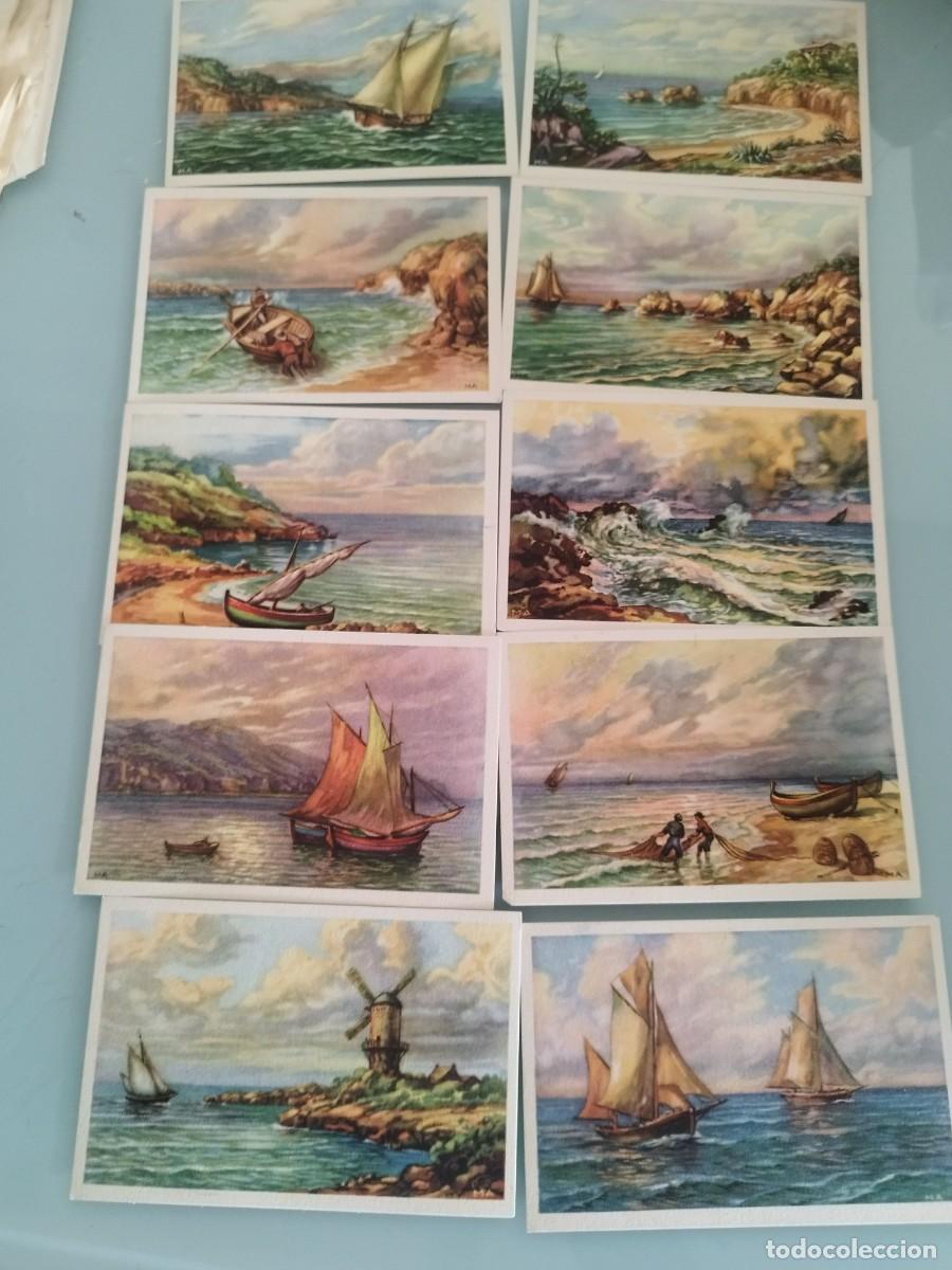 Postales: 10 tarjetas postales reproducci&oacute;n cuadro. Escenas costeras mediterr&aacute;neas con veleros y acantilados.