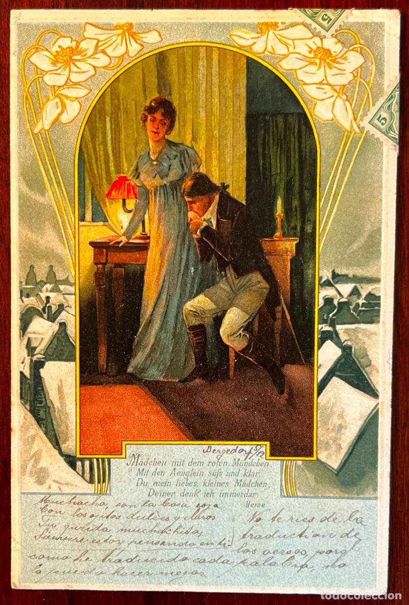Postales: POSTAL MODERNISTA ALEMANA, VERSOS DE HEINRICH HEINE Y TRADUCCI&Oacute;N MANUSCRITA, BERL&Iacute;N 1903 Descripc