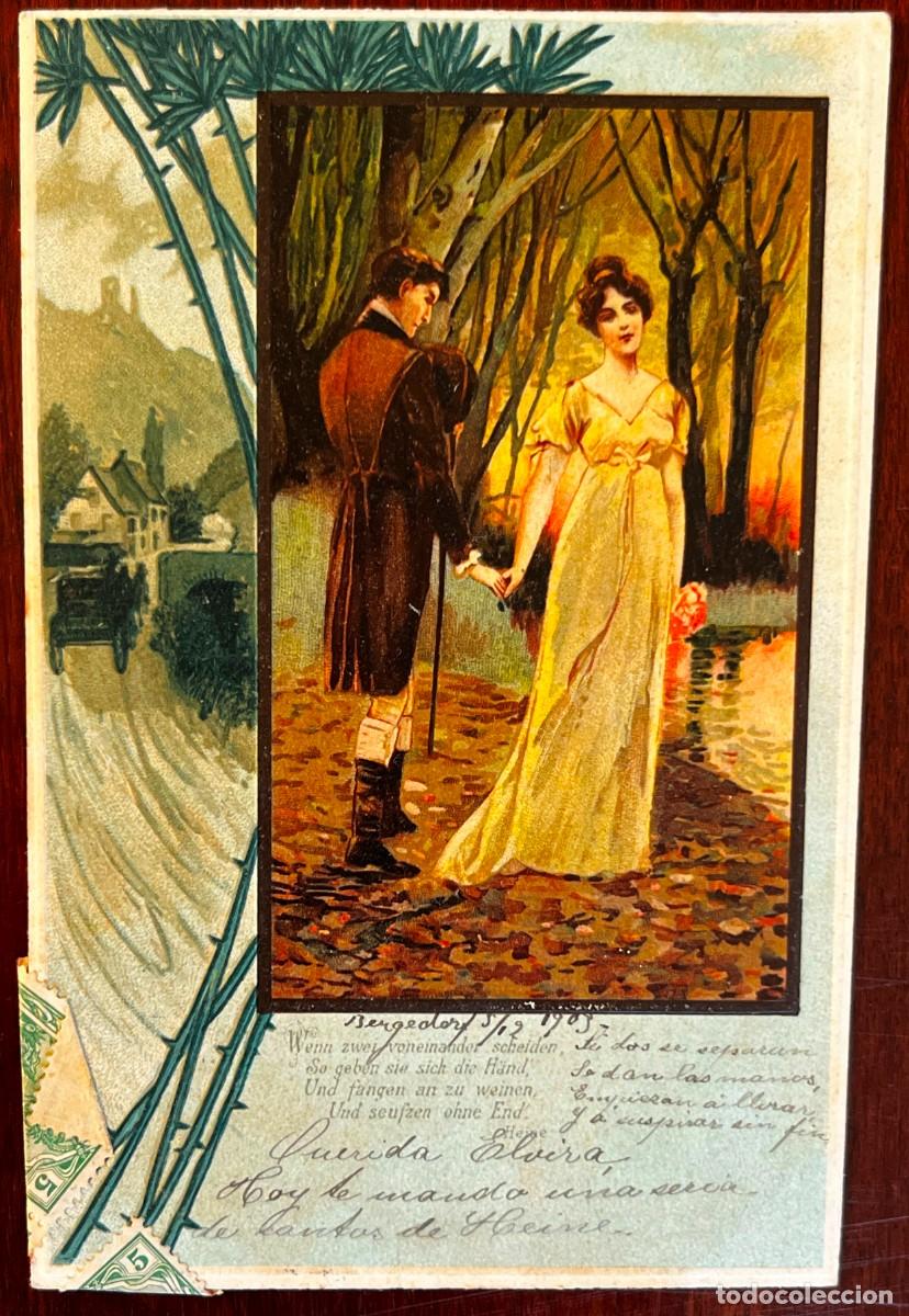 Postales: POSTAL MODERNISTA ALEMANA, VERSOS DE HEINRICH HEINE Y TRADUCCI&Oacute;N MANUSCRITA, BERL&Iacute;N 1903 Descripc
