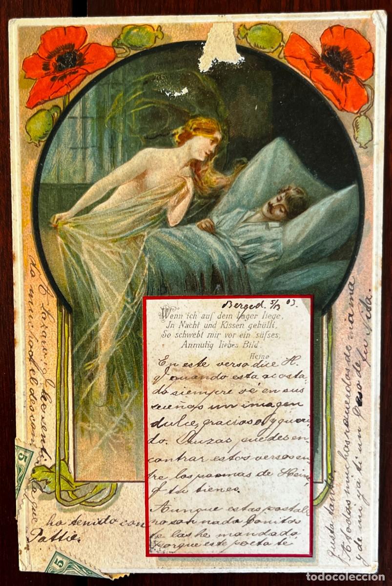 Postales: POSTAL MODERNISTA ALEMANA, VERSOS DE HEINRICH HEINE Y TRADUCCI&Oacute;N MANUSCRITA, BERL&Iacute;N 1903 Descripc