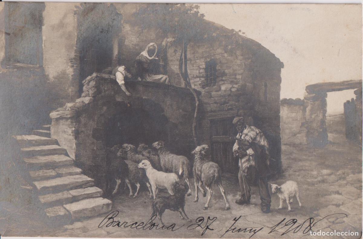 Postales: POSTAL DE UN CUADRO DE AUTOR DESCONOCIDO, REGRESO DEL REBA&Ntilde;O - CIRCULADA 1908