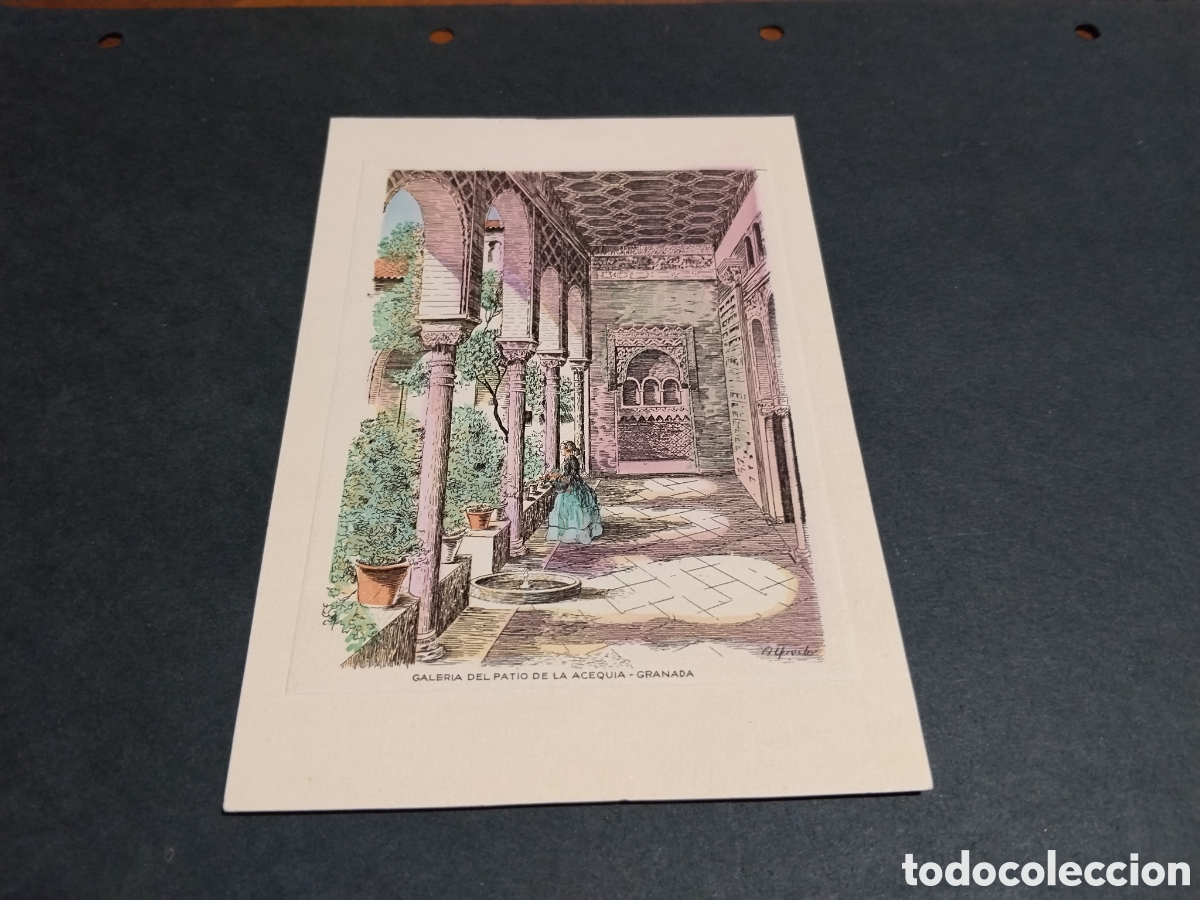 Postales: Postal arte dibujo galer&iacute;a del patio de la acequia, Granada