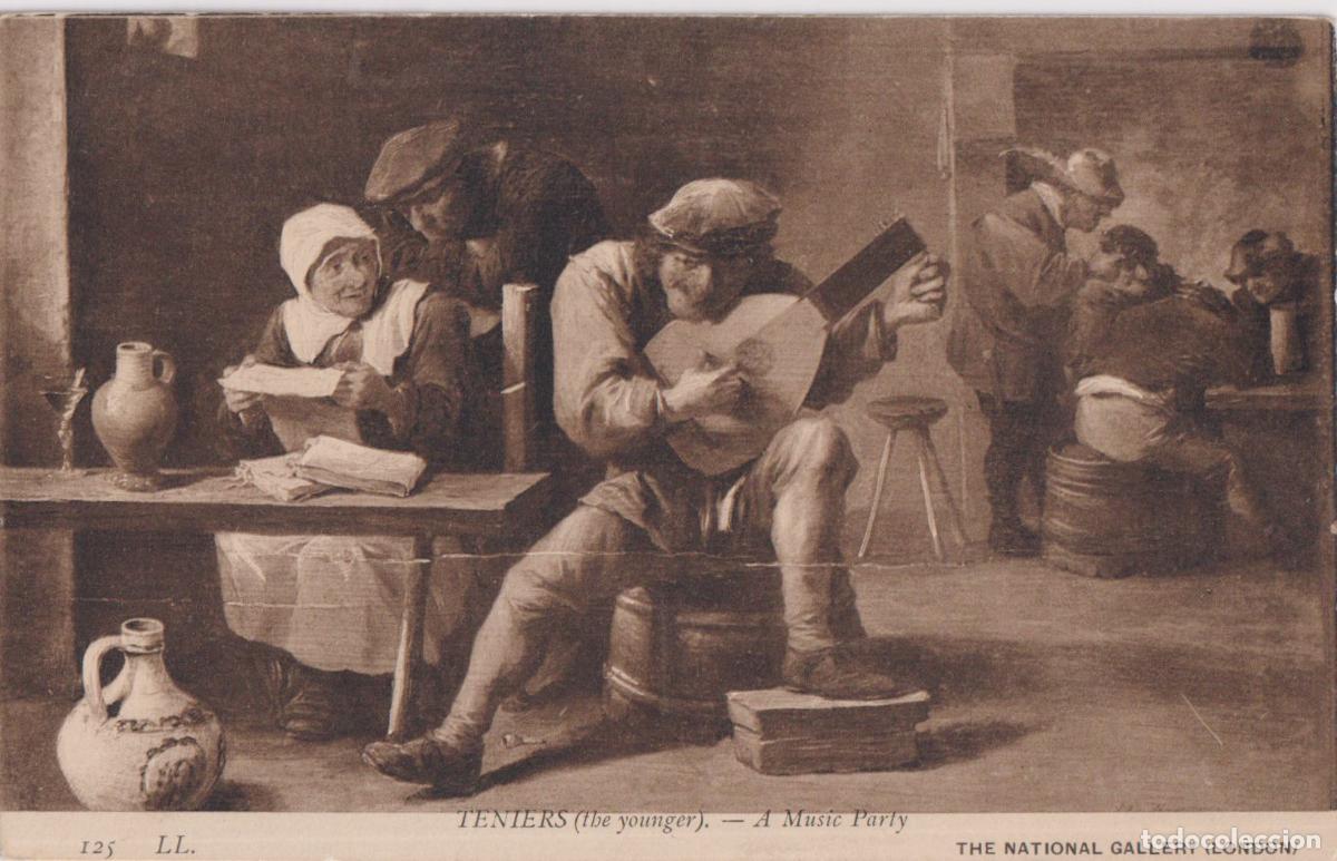 Postales: POSTAL DE LA OBRA DE DAVID TENIERS THE YOUNGER, CAMPESINOS TOCANDO M&Uacute;SICA EN UNA TABERNA (1625) &ndash; SC