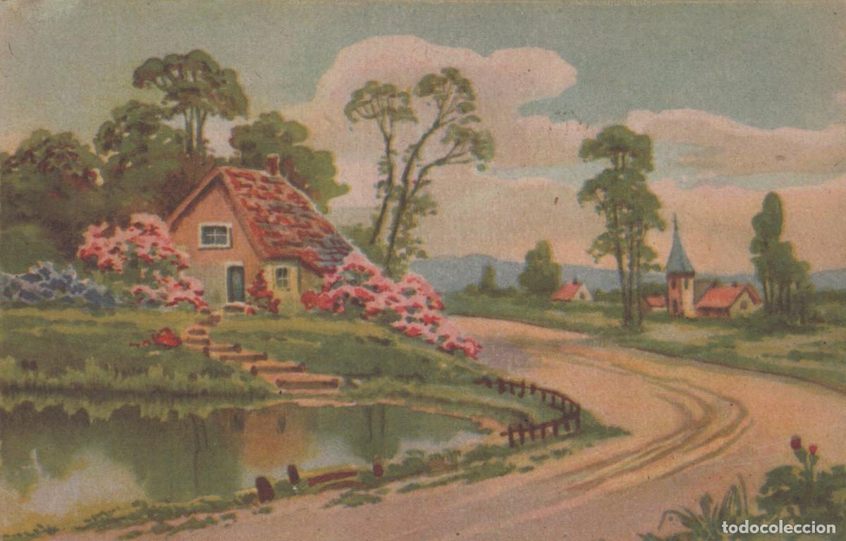 Postales: Rural Cottage Pond Church Landscape Painting Art Unposted *YAA814