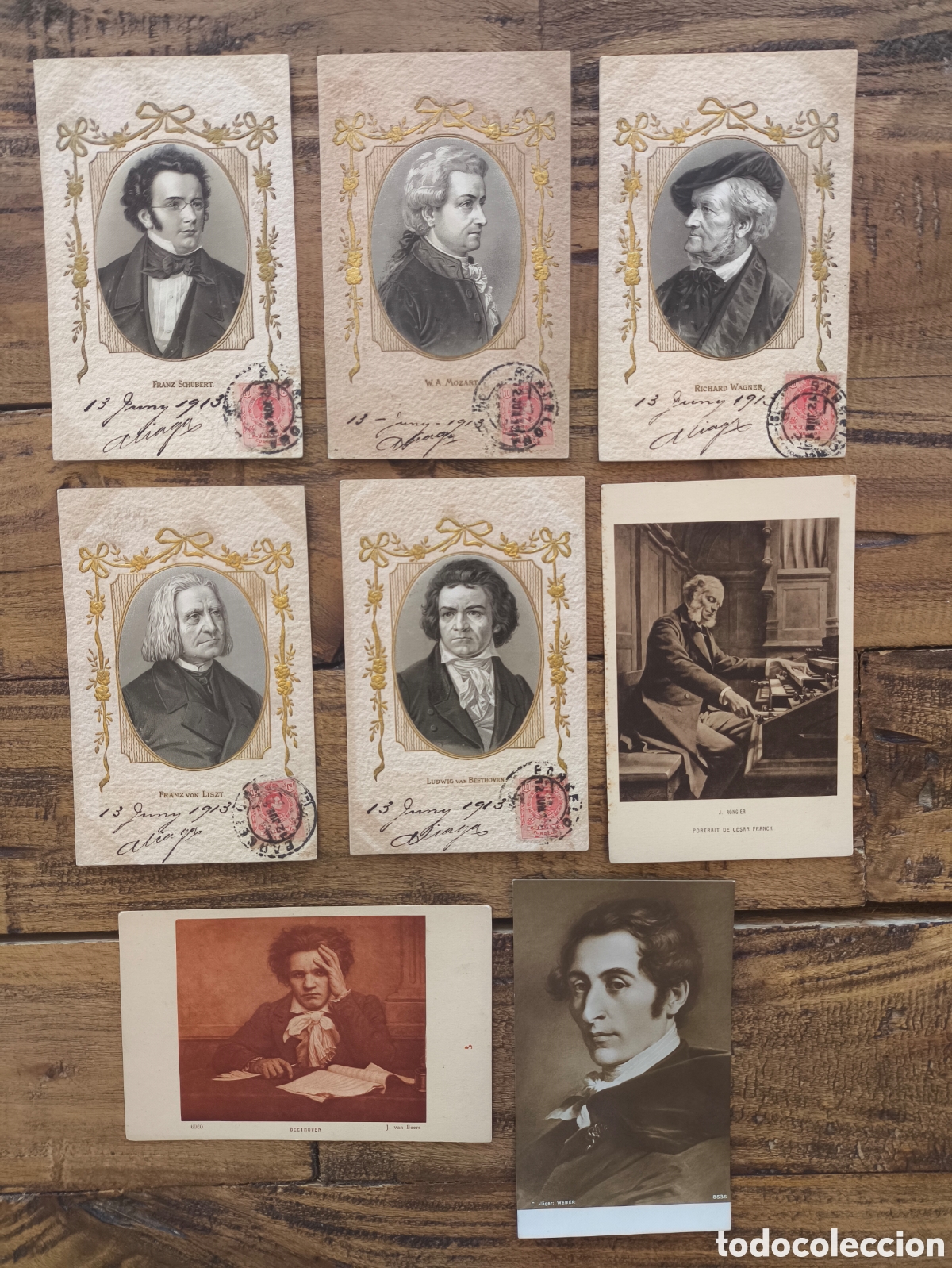 Postales: Antiguas postales compositores Mozart Beethoven Wagner Schubert Franz Liszt Weber C&eacute;sar Franck 1913