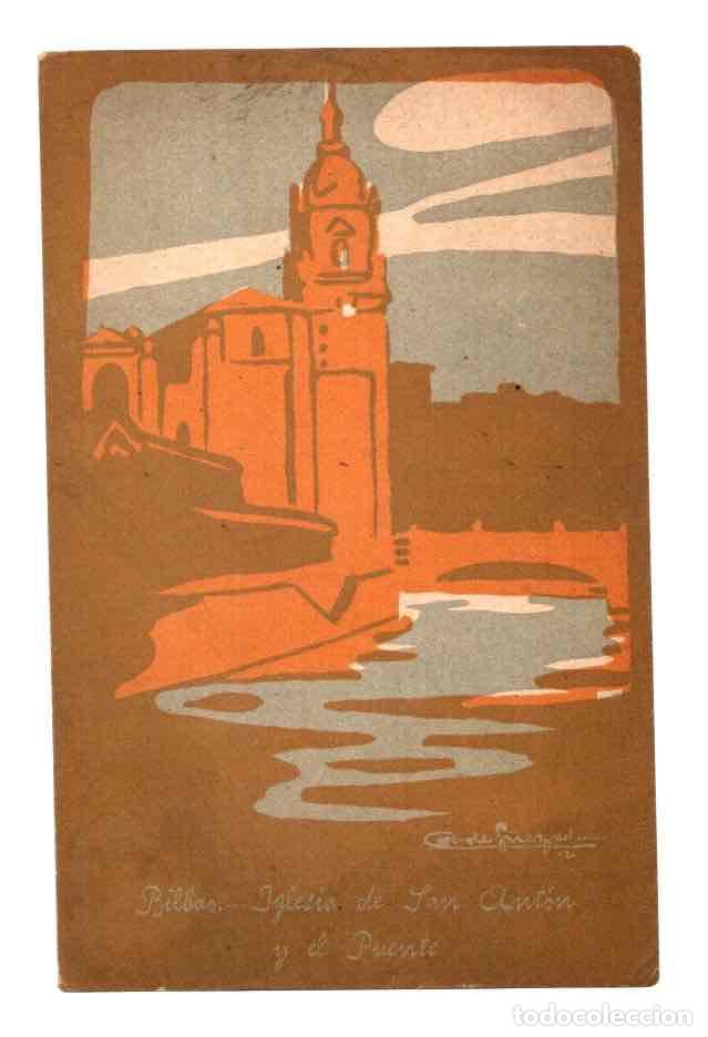 Postales: TARJETA POSTAL ILUSTRADA POR ANTONIO DE GUEZALA. IGLESIA DE SAN ANTON Y PUENTE. 1912. MUY RARA