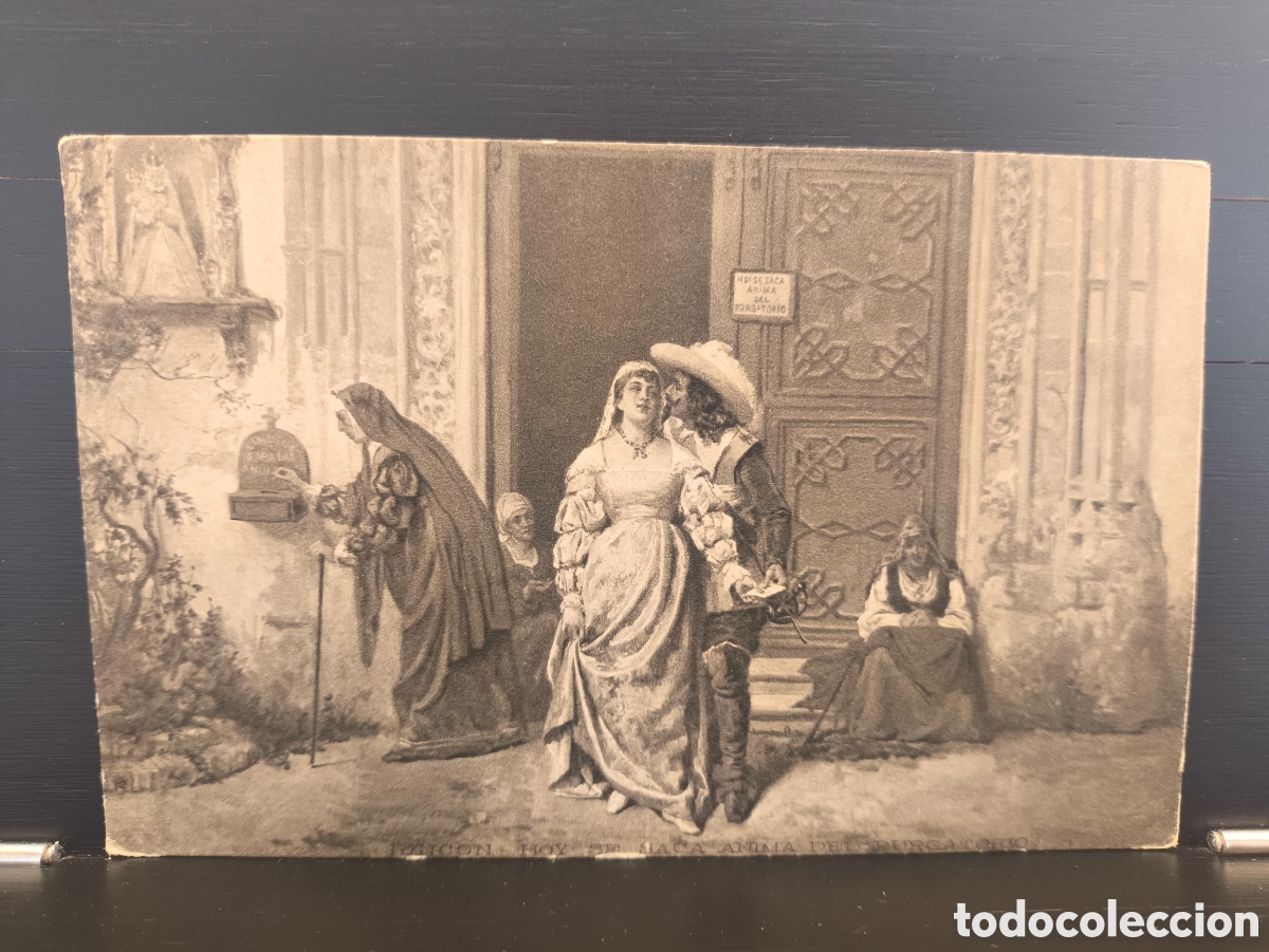 Postales: Antigua postal Arte Francisco Mart&iacute;nez del Rinc&oacute;n Hoy se saca &aacute;nima del purgatorio Ed Lacoste Madrid