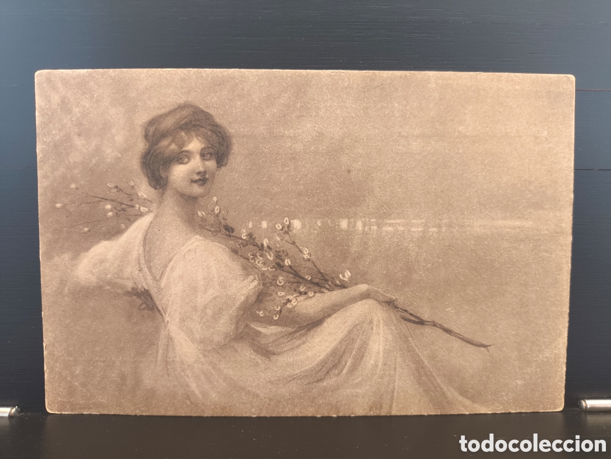 Postales: Antigua postal ilustrada Arte Belle &Eacute;poque retrato galante rom&aacute;ntico mujer joven con ramo flores