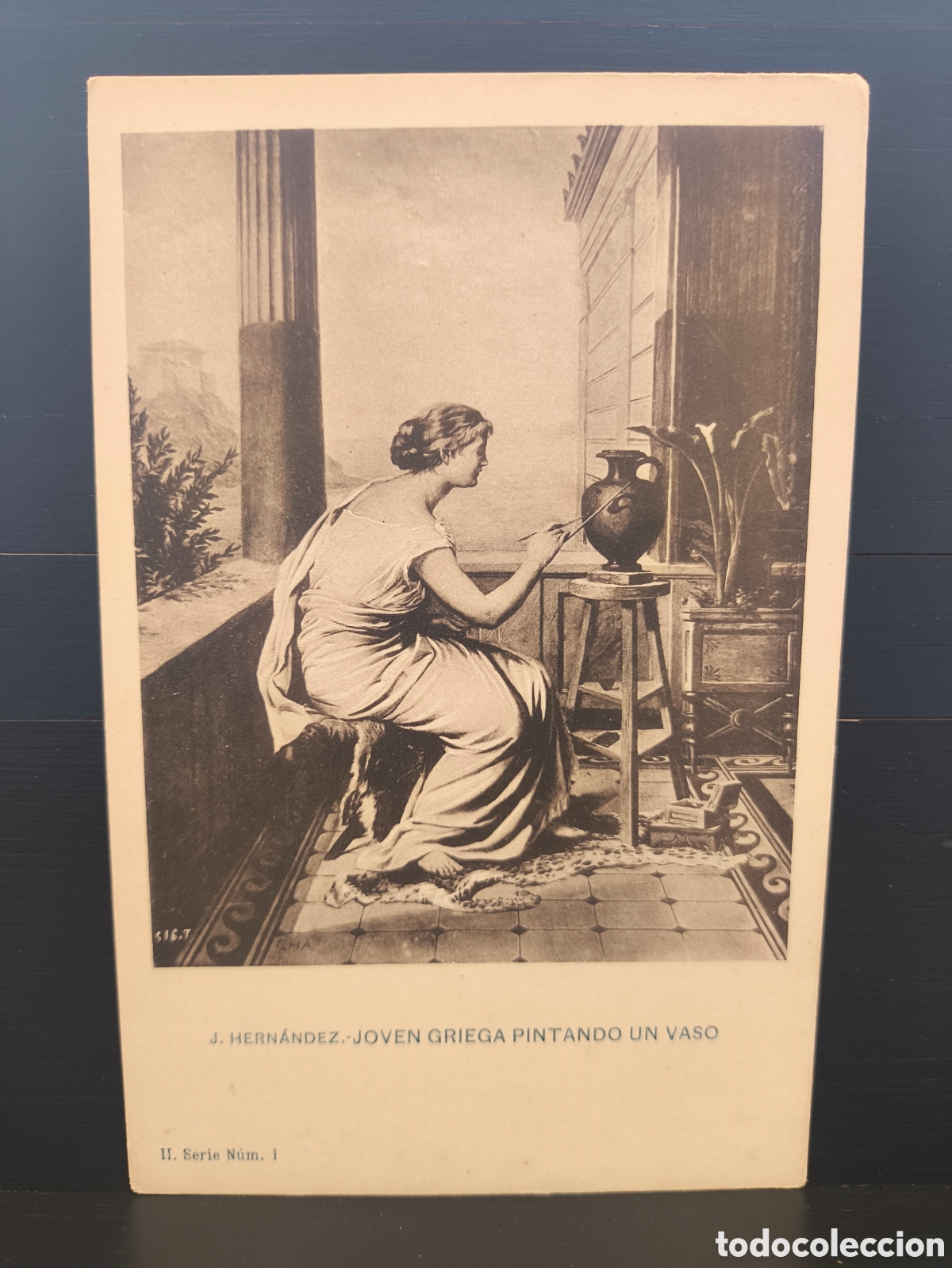 Postales: Antigua postal Arte J. Hern&aacute;ndez Joven Griega Pintando un Vaso Ed. Hauser y Menet serie II n&uacute;m. 1