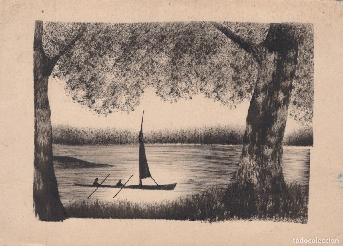 Postales: Rowboat and Sailboat On Lake With Trees Artistic Drawing Unposted *YAS277