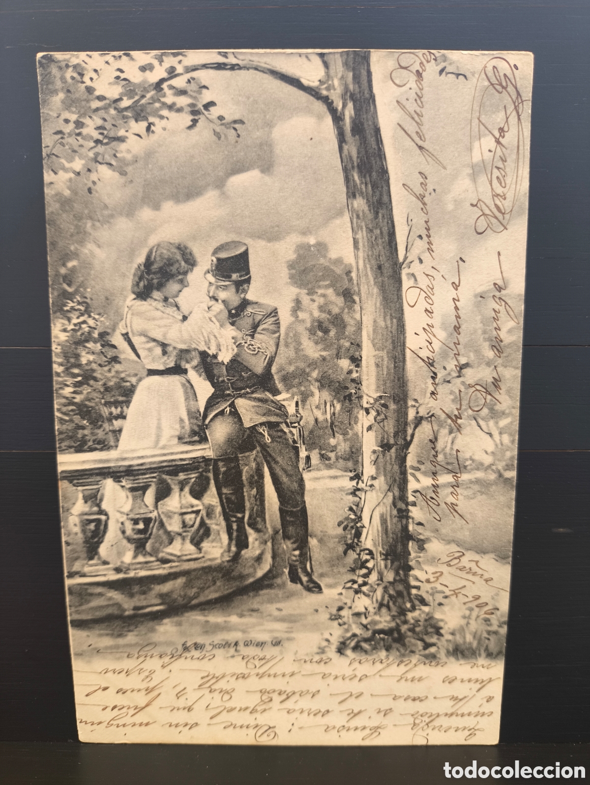 Postales: Antigua postal Arte Rom&aacute;ntica Galante Charles Scolik escena amorosa militar y mujer Ed. A.S.W. 1906