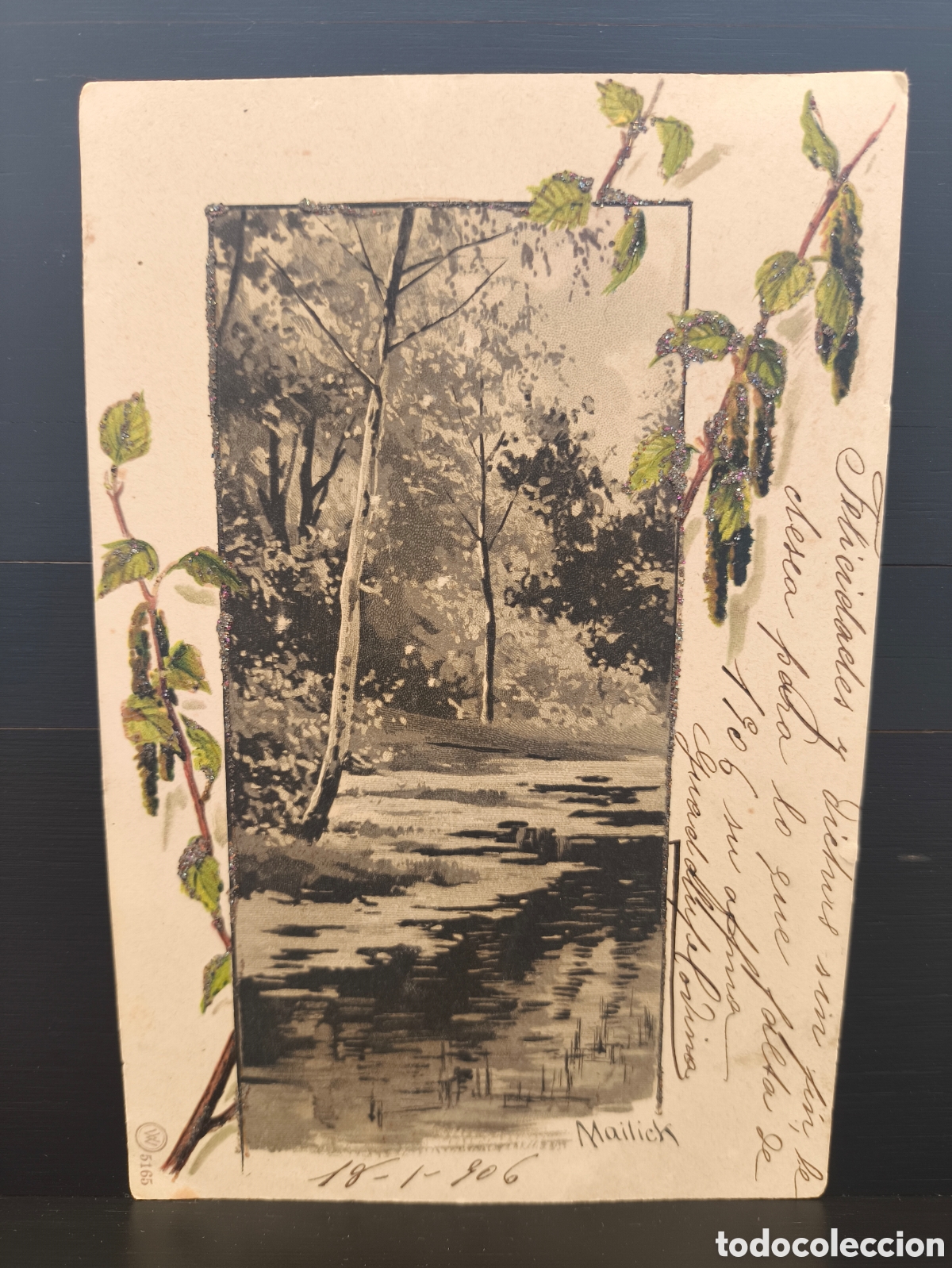 Postales: Antigua postal ilustrada Alfred Mailick Paisaje R&iacute;o fantas&iacute;a purpurina Ed. WV Winkler & Voigt 1906